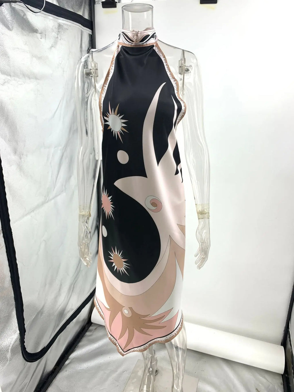 VEITCHE Abito longuette stampato irregolare sexy da donna estivo Abiti da festa senza maniche senza schienale Abiti da vacanza al mare slim in raso vintage