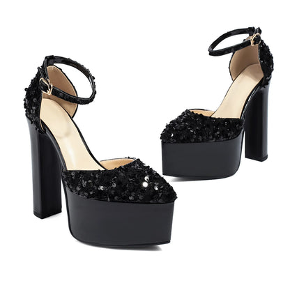 Sandali a punta neri con cinturino alla caviglia sexy per le donne Piattaforma estiva 15CM Scarpe eleganti da festa con paillettes lucide Tacchi alti vuoti laterali neri