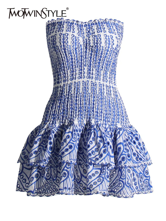 TWOTWINSTYLE Abito sexy con orlo a strati tagliato per le donne Mini abiti a vita alta senza spalline senza maniche con spalle scoperte Abbigliamento femminile