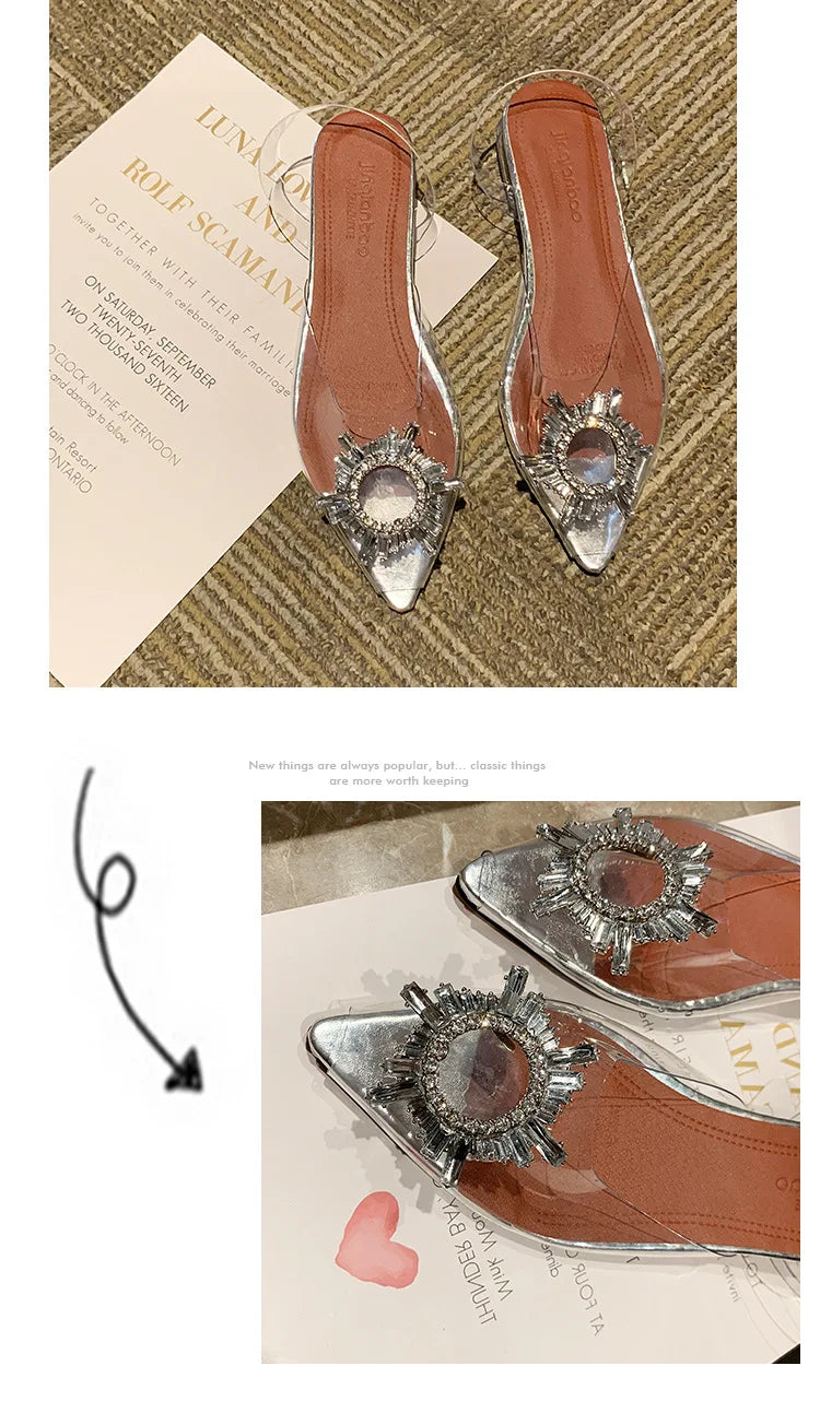 Sandali con tacco alto a punta da donna estivi Pantofola in vetro trasparente Tacco spesso Scarpe alla moda a forma di vetro da vino