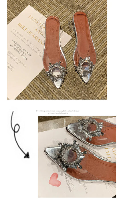 Sandali con tacco alto a punta da donna estivi Pantofola in vetro trasparente Tacco spesso Scarpe alla moda a forma di vetro da vino