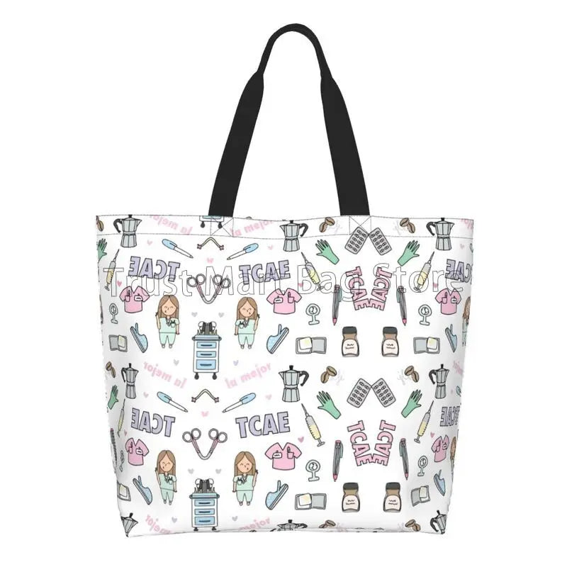 Personalizzato Enfermera En Apuros Dottore Infermiera Medica Borsa a tracolla Tote Bag di grande capacità Borse per le donne Borse per la spesa