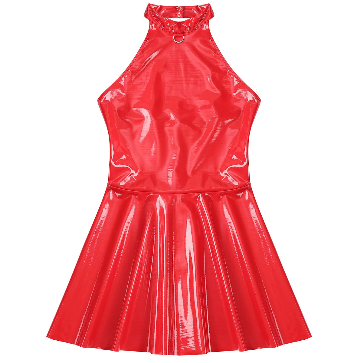 Abito sottoveste in pelle verniciata Sexy effetto bagnato da donna O-Ring rivetti con spalline scollo a V Punk gotico a-line Mini abiti Rave Party Clubwear