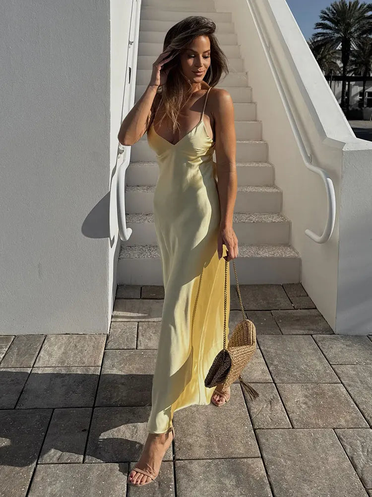 HH Abito estivo da donna con scollo a V giallo macchia Abito elegante senza maniche ampio Maxi abiti 2025 Nuovi abiti da festa per feste da donna