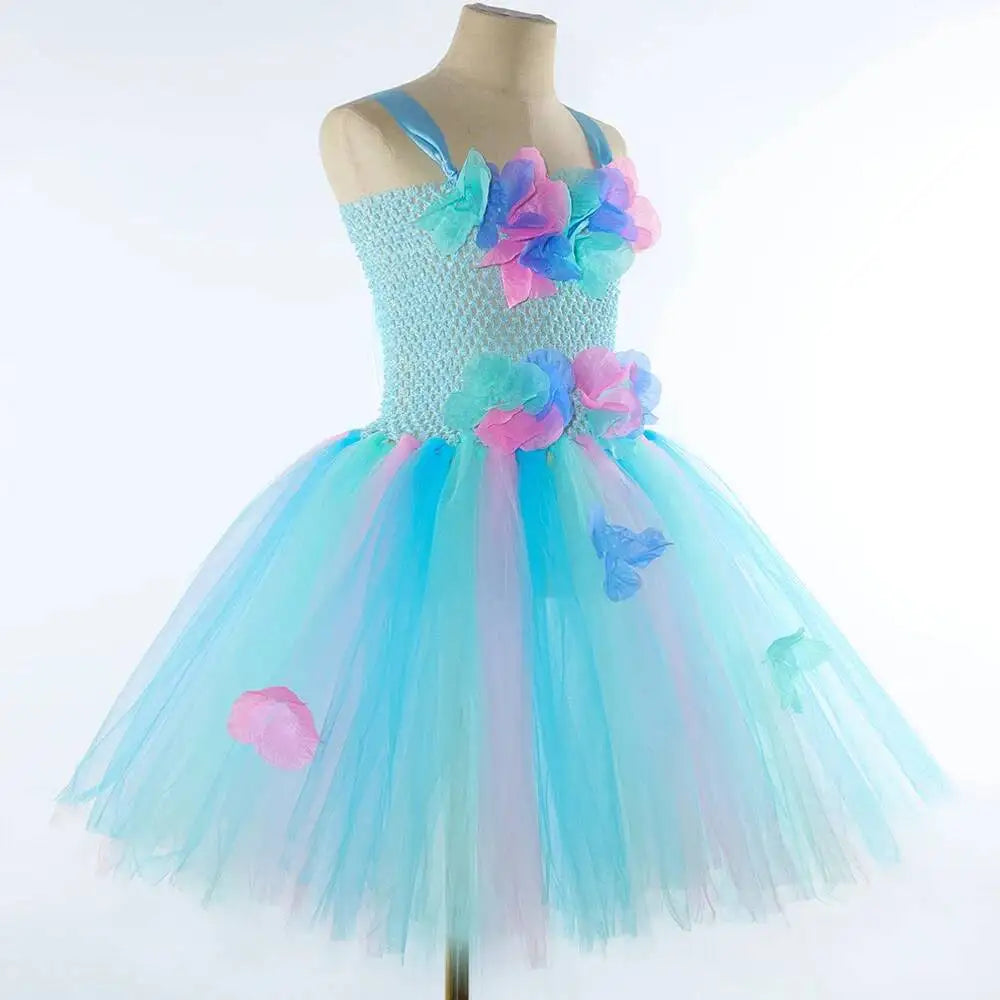 Costumi da fata dei fiori turchese per ragazze Abiti da principessa fata farfalla con ali Bacchetta per bambini Vestito da tutù di carnevale di Halloween