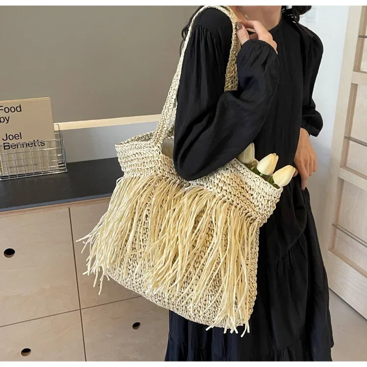 Borse a tracolla da donna in tessuto con nappe casual Borse da donna con frange fatte a mano Borsa tote grande da spiaggia estiva Borsa shopper grande per le vacanze