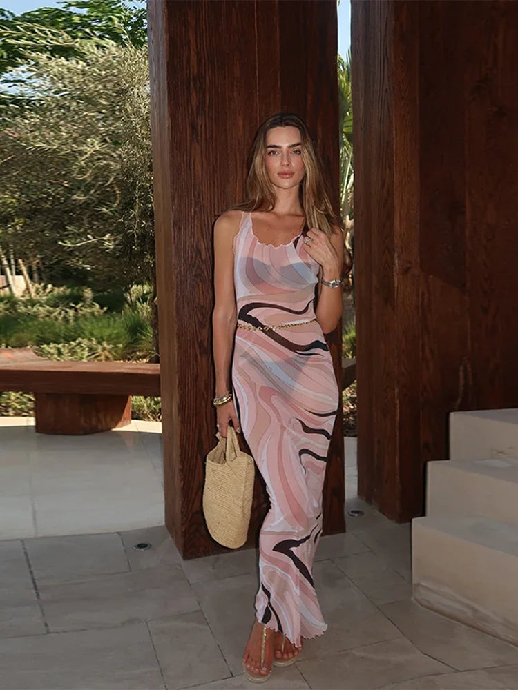 Abito lungo aderente aderente in rete trasparente da donna sexy Stampa chic senza maniche Slim Fit Abiti lunghi per le vacanze al mare Abito femminile quotidiano casual
