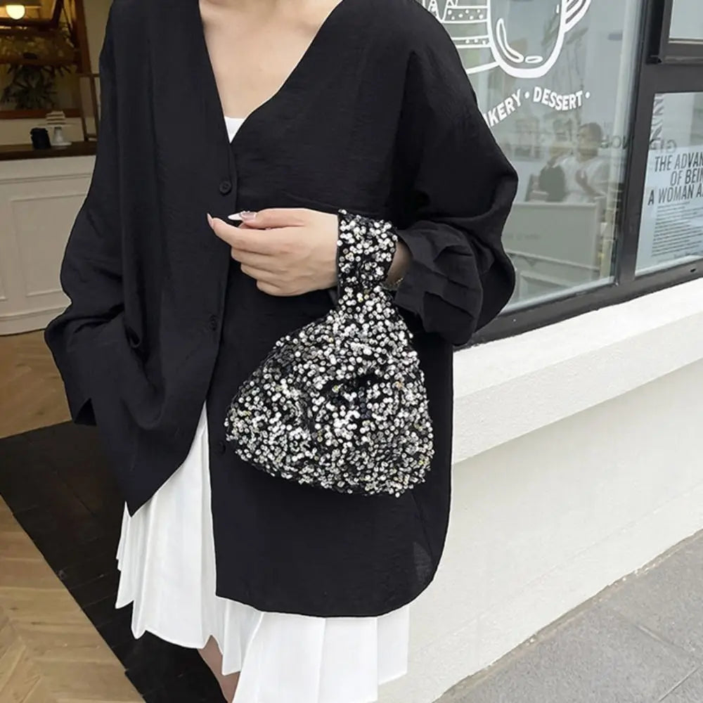 Borsa casual con nodo paillette Borsa da polso carina dorata Borsa portaoggetti portatile in tessuto stile coreano Primavera Estate