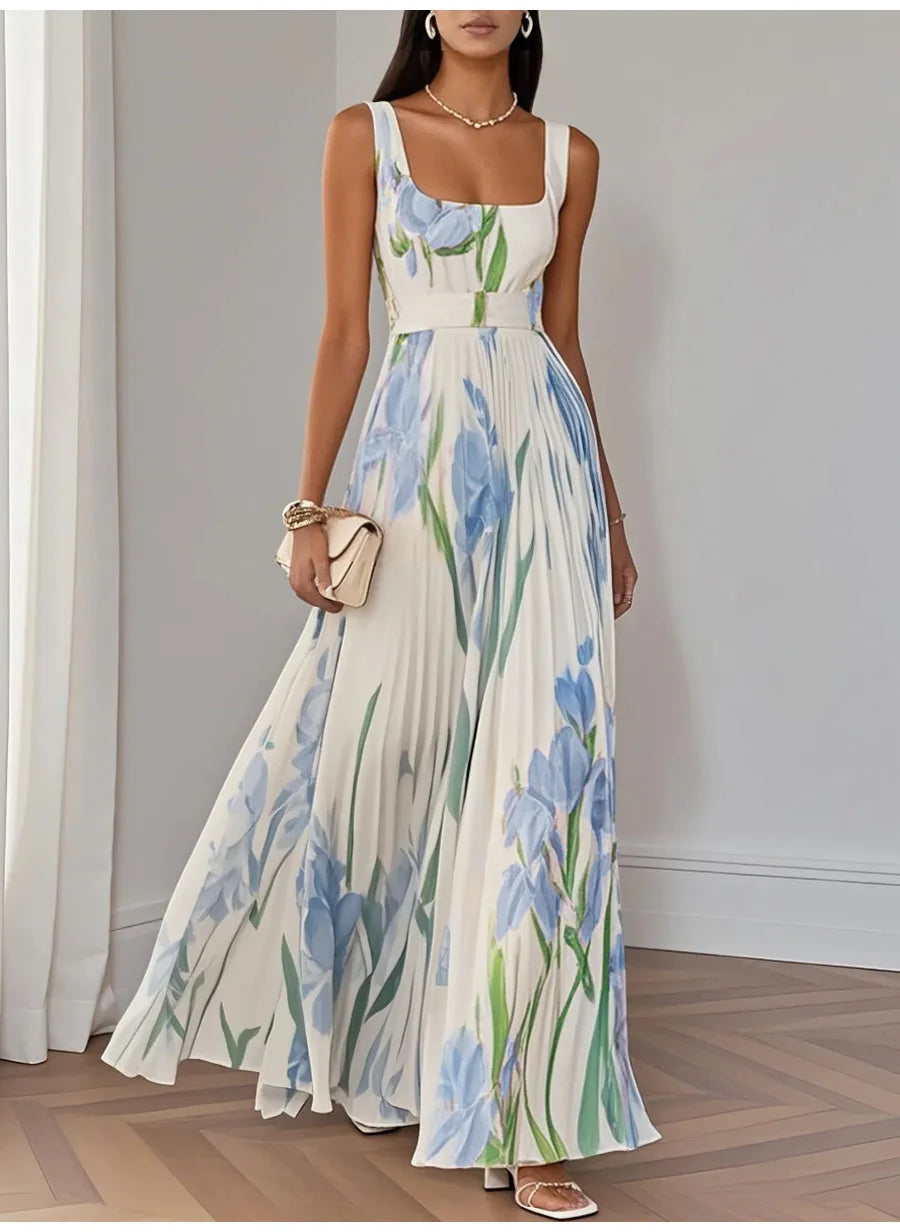Abito lungo sexy con stampa floreale Donna Estate 2025 Abiti maxi con cinturino senza maniche alla moda eleganti