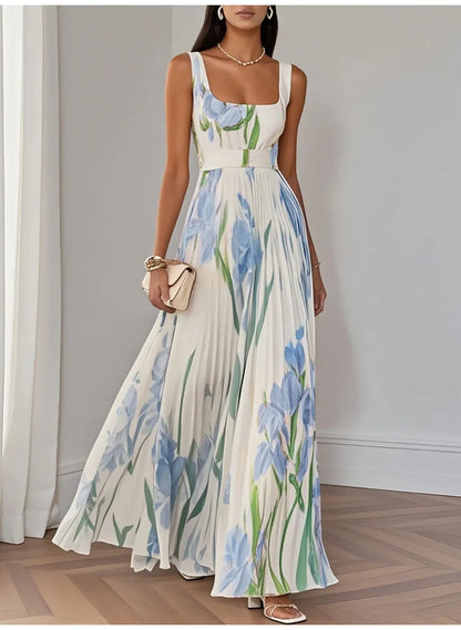 Abito lungo sexy con stampa floreale Donna Estate 2025 Abiti maxi con cinturino senza maniche alla moda eleganti