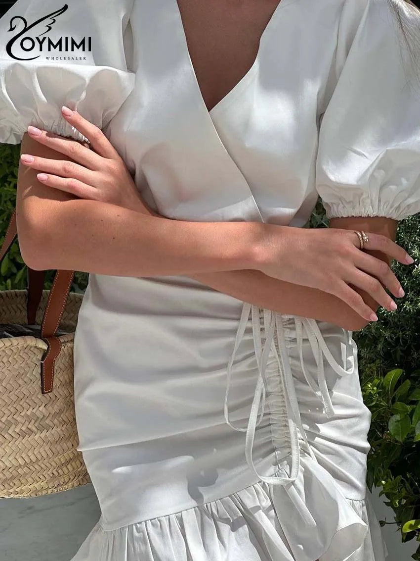 Oymimi Abito da donna casual in cotone bianco Elegante scollo a V Manica corta Abiti stringati Mini abiti a pieghe a vita alta
