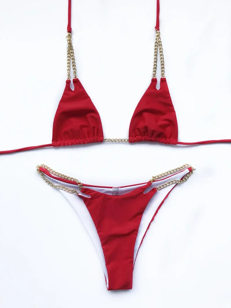 Micro Bikini Sexy 2026 Nero Solido con Reggiseno Push-Up e Cinghie Metalliche, Costume da Bagno Brasiliano, Perizoma, Biquini
