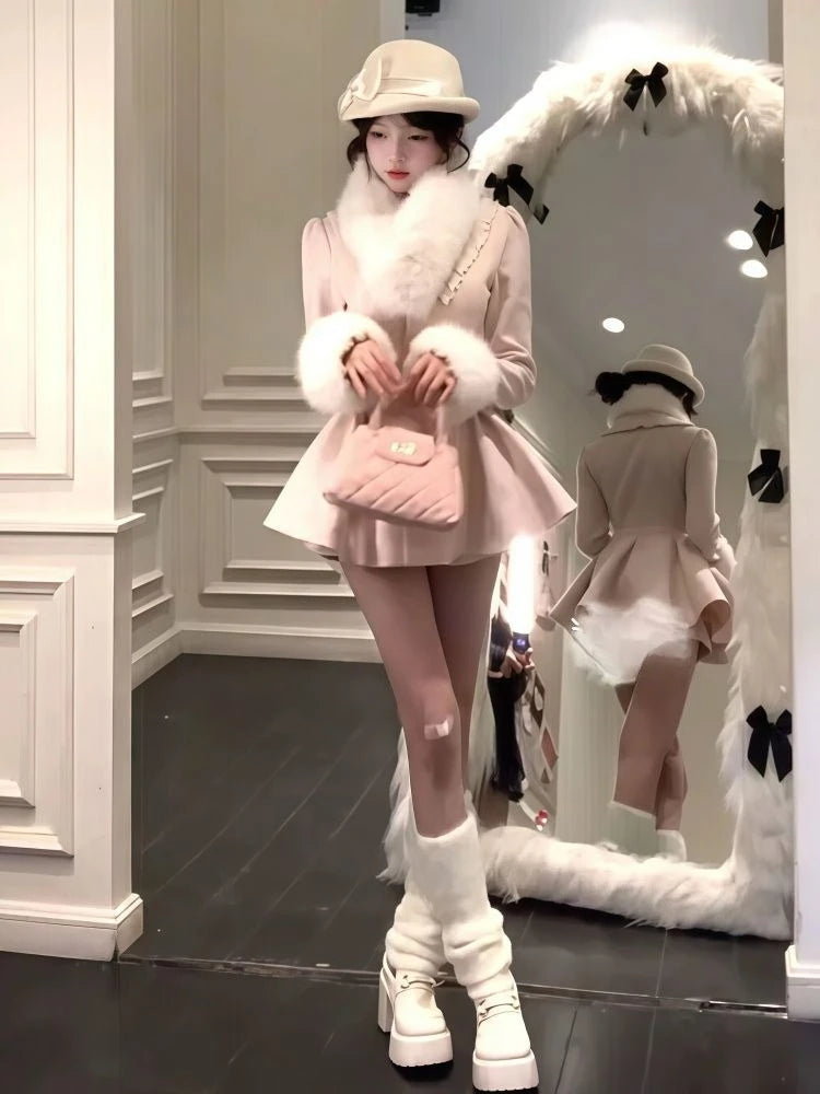 Cappotto Invernale in Lana Stile Hepburn con Collo in Pelliccia, Stile Francese Vintage, Taglio Slim, Lunghezza Media, Elegante, Caldo, Stile Lolita, Nuovo