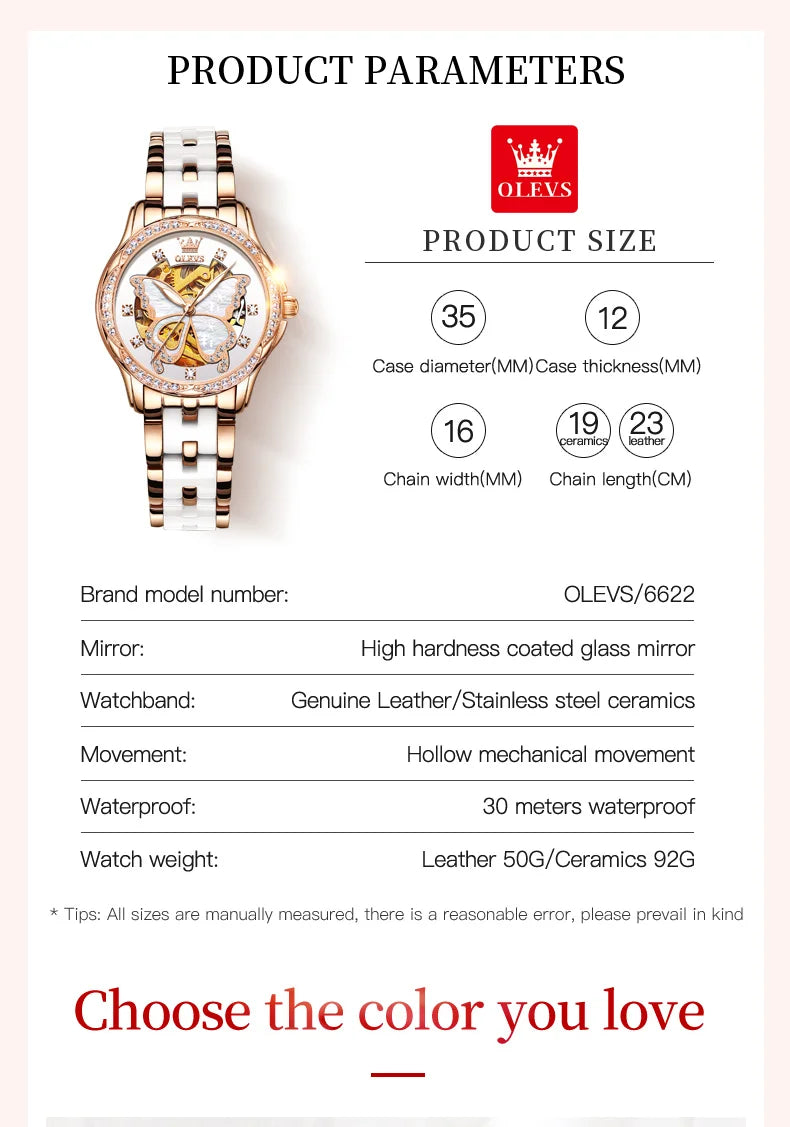 OLEVS 6622 Orologio da donna con quadrante a farfalla Orologio meccanico impermeabile di lusso per donna Orologio da polso automatico con cinturino in ceramica cava