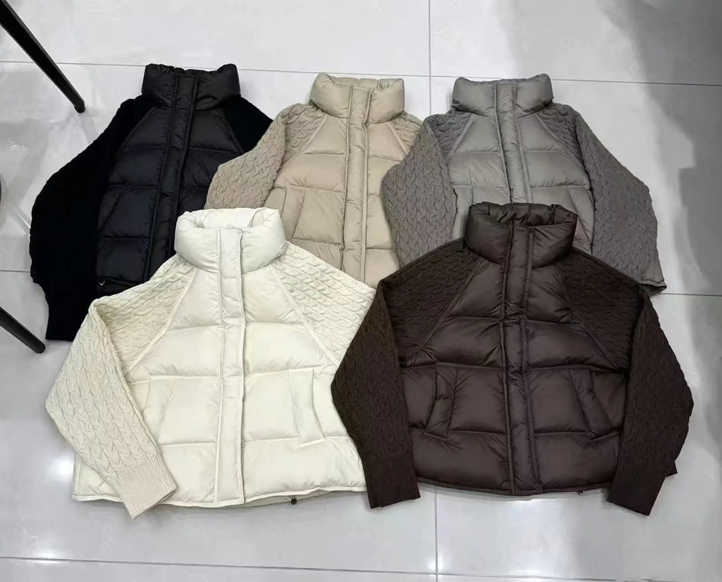 Nuova Giacca Invernale da Donna, Parka con Maniche in Maglia Patchwork, Colletto Alto, Cerniera, Imbottita in Cotone Spesso e Caldo, Cappotto Casual Femminile