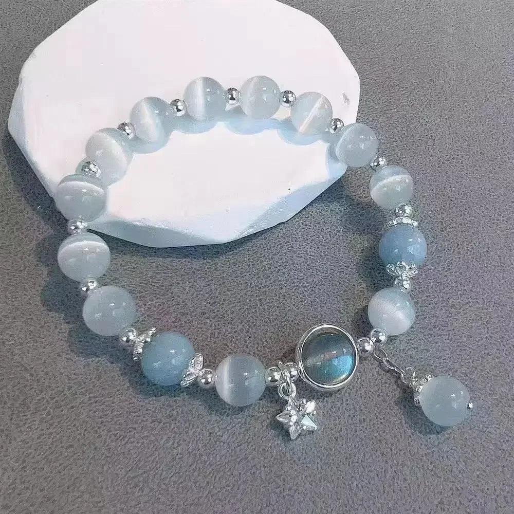 Opale Sea Blue Treasure Bracciale in cristallo al chiaro di luna Bracciale elastico di lusso leggero per ragazze Accessori per gioielli di moda da donna