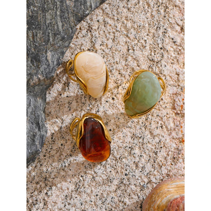 Yhpup Nuovo design Marrone Verde Beige Resina Anello geometrico regolabile PVD dorato Acciaio inossidabile Regalo di gioielli con dita antiruggine