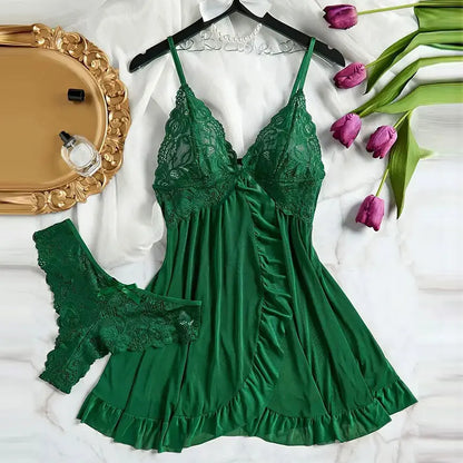 Pigiama lingerie erotica push up in pizzo a V profondo Set pigiama estivo sottile donna camicia da notte abito da notte caldo reggiseno sexy taglie forti perizoma da notte