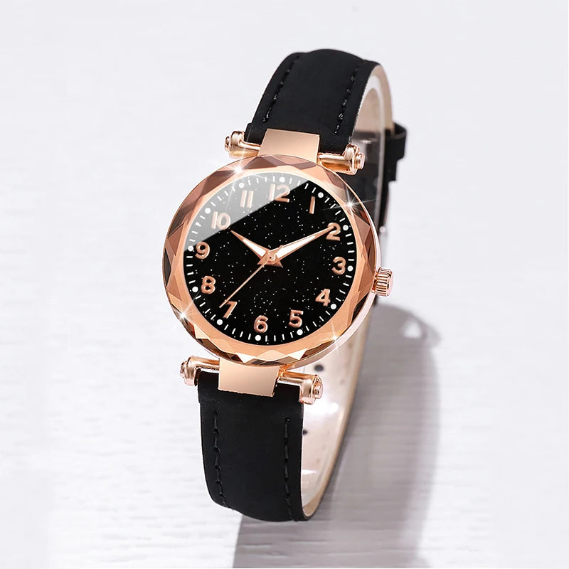 5 pezzi/set braccialetti per orologi da donna set orologio al quarzo con cinturino in pelle con quadrante cielo stellato alla moda
