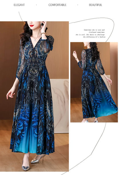 Vacanza primaverile Boho Beach Hepburn Maxi Abiti 2025 Stampa vintage da donna Elegante abito da sera estivo in seta di lusso