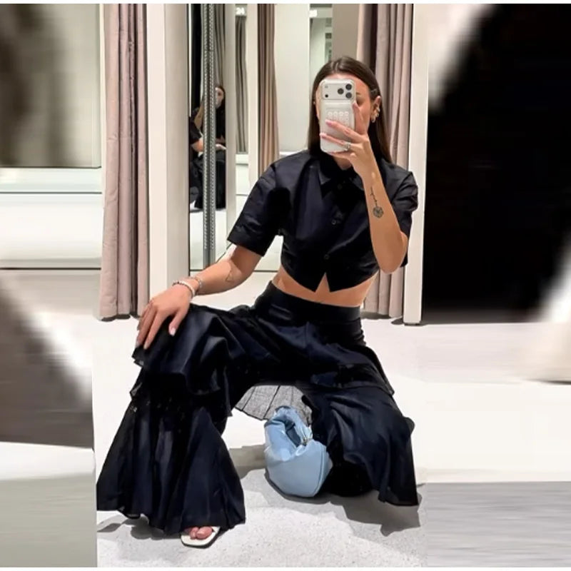 Eleganti Pantaloni a Zampa da Donna con Volant a Cascata in Chiffon a Vita Alta, Neri, Estivi 2026, Versatili, Nuovi