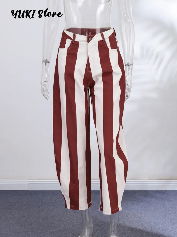 Jeans da Donna a Righe Stile Street Fashion con Cerniera, Bottone e Tasche, Gamba Larga, Pantaloni in Denim Chic Primavera Estate 2026