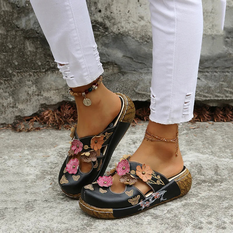 Damen-Sommersandalen mit Blumen im Ethno-Stil, Retro-Plateau-Hausschuhe, handgefertigt, bequem zum Gehen