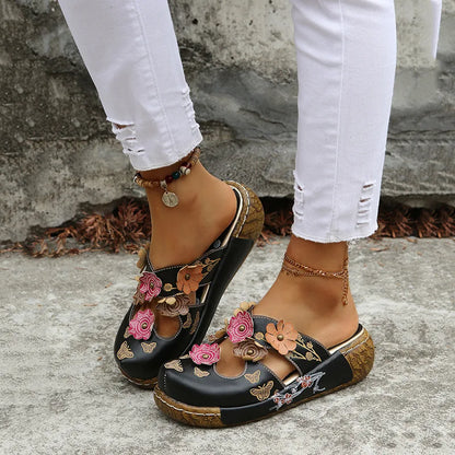 Damen-Sommersandalen mit Blumen im Ethno-Stil, Retro-Plateau-Hausschuhe, handgefertigt, bequem zum Gehen