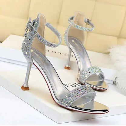 Sandali estivi da donna Tacchi alti Strass Cristallo Tacchi medi Caviglia Evento di nozze Festa Scarpe dorate Eleganti 1688-3