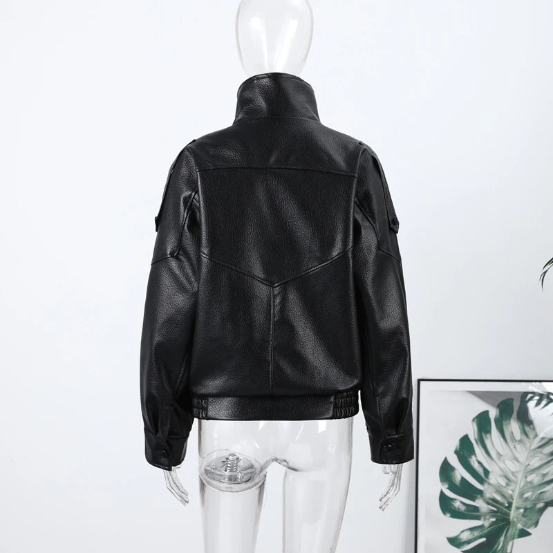 Giacca bomber da donna in camoscio grigio scuro, con colletto alla coreana, maniche lunghe, oversize, asimmetrica, stile street, giacche da donna autunno 2026