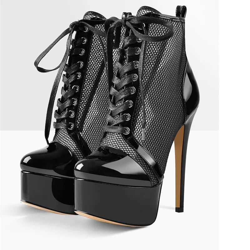 Onlymaker Women Platform Ankle Boots Black Lace Up Mesh 16CM Thin High Heel FashionSexy  Stiletto Female Boots