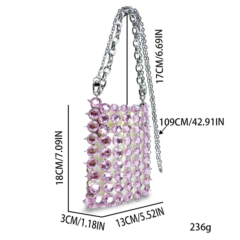 24 estate nuova borsa di cristallo tessuta a mano color caramella di nicchia, borsa di perline di fata retrò, borsa per telefono a croce diagonale trasparente