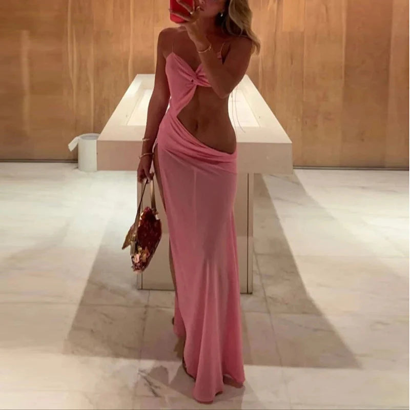 Summer Sexy Backless Irregular Long Dress Womens Side Split Sleeveless Camisole Long Dress Vacation Elegant Hollow Beach Dresses