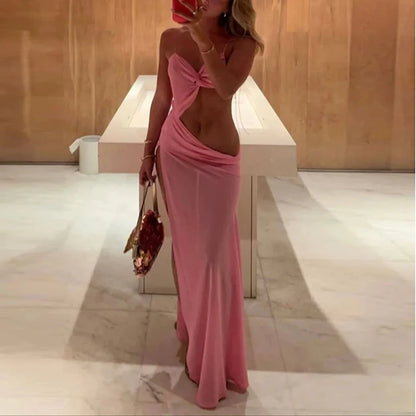 Summer Sexy Backless Irregular Long Dress Womens Side Split Sleeveless Camisole Long Dress Vacation Elegant Hollow Beach Dresses