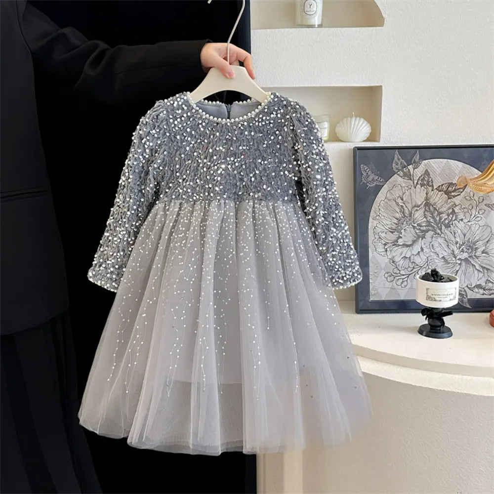 Abiti da ragazza Moda autunnale Nuova maglia patchwork con paillettes Abito da principessa a maniche lunghe Tinta unita Abbigliamento per bambini di Capodanno