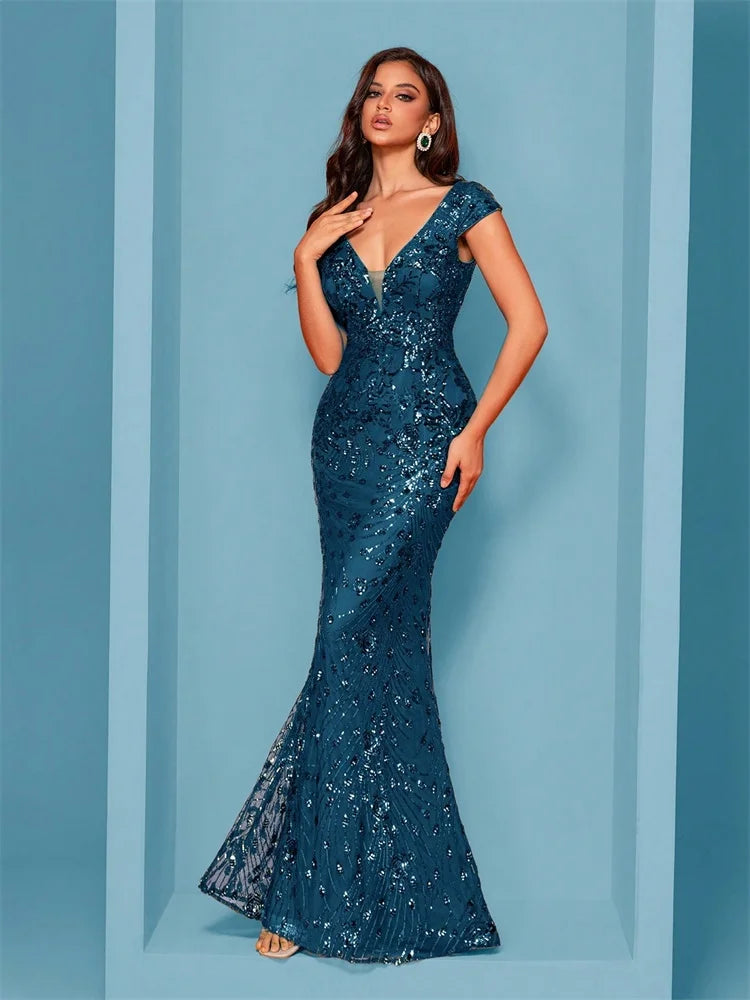 Elegante abito da sera blu per donna lungo 2025 abiti da cocktail per feste di nozze con paillettes formali a sirena di lusso