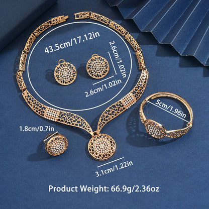 Parures de bijoux pour femmes en métal avec boucles d'oreilles, colliers, bracelets et bagues au design à la mode, adaptés aux banquets et aux cadeaux de fin d'année.