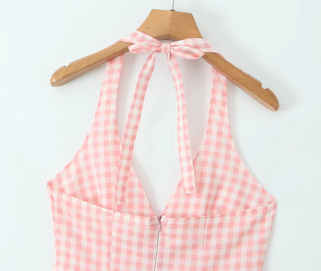 YENKYE Abito estivo da donna sexy senza schienale scozzese rosa con scollo all'americana a vita bassa Abiti da festa eleganti Abito da vacanza