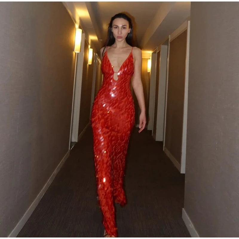 Abito lungo da donna con paillettes Abito lungo con scollo a V Solido Backless Vita alta Abiti senza maniche 2025 Moda Nuova estate Lady Party Robes