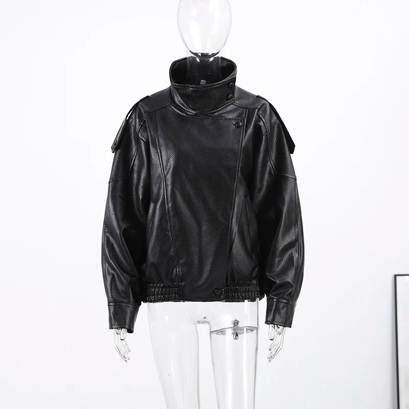 Giacche Corte in Ecopelle Nera alla Moda per Donne, Cappotti Oversize Retrò con Collo Alto e Maniche Lunghe, Abbigliamento Classico da Strada per Autunno e Inverno