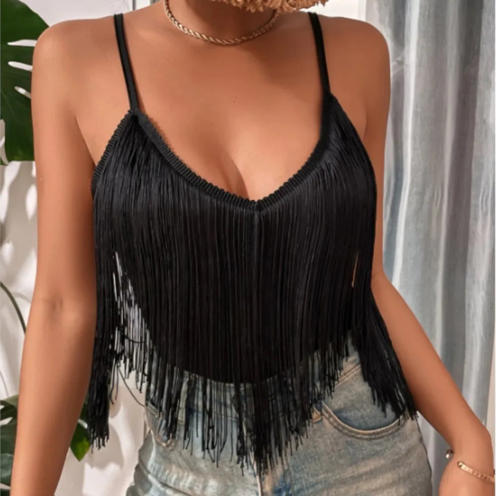 Sexy Summer Halter Top Women's Fashion Elegant Spring Summer Solid Color Street Style Sleeveless Spaghetti Strap Tassel Vest