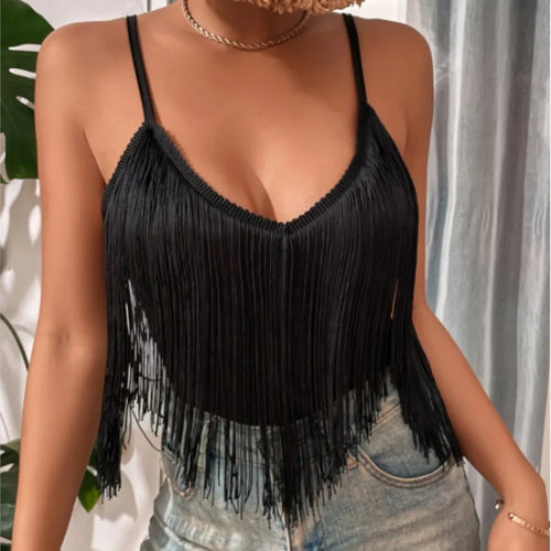 Sexy Summer Halter Top Women's Fashion Elegant Spring Summer Solid Color Street Style Sleeveless Spaghetti Strap Tassel Vest