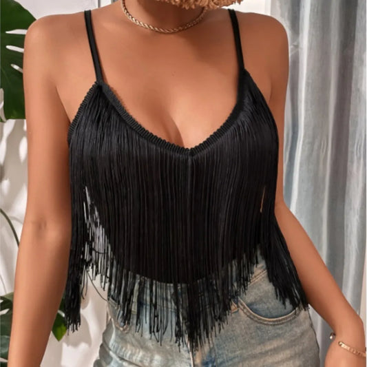 Chemisier sexy d'été pour femmes, élégant, printemps-été, couleur unie, style urbain, sans manches, à bretelles spaghetti et à pampilles
