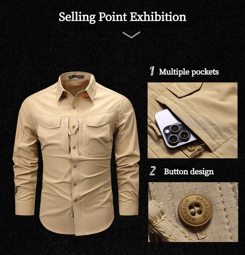 Camicia a maniche lunghe da uomo primavera autunno Camicie da lavoro tattiche da uomo Top Camicie cargo da pesca per escursionismo multitasche da esterno ad asciugatura rapida