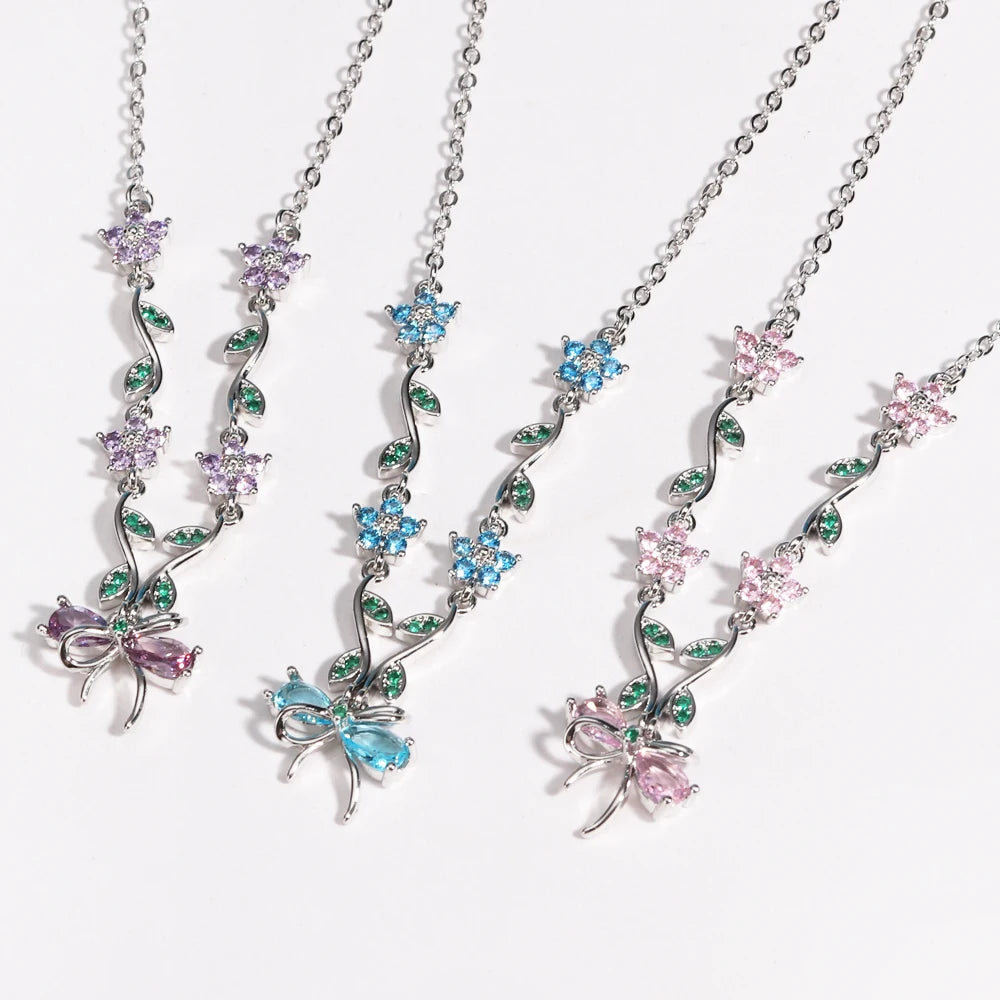 Summer New Fashion Exquisite Bow Leaf Flower Necklace For Women's Elegant Pink Zircon Chain Pendant Jewelry Gifts