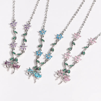 Summer New Fashion Exquisite Bow Leaf Flower Necklace For Women's Elegant Pink Zircon Chain Pendant Jewelry Gifts