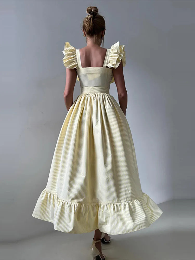 BKQU Abito lungo elegante con maniche volanti a righe con volant Abito lungo da donna chic con colletto quadrato sottile monopetto Abito lungo da festa estivo femminile