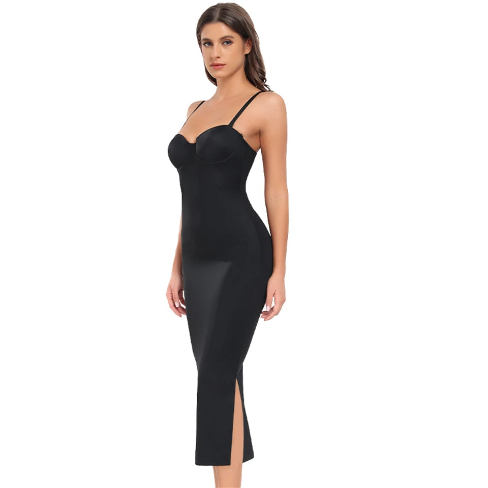 Becirzet Abiti da donna Sexy Girl Push Up Dimagrante Modellamento del corpo Controllo della vita Abito lungo da sera senza schienale con spacco all'americana nero