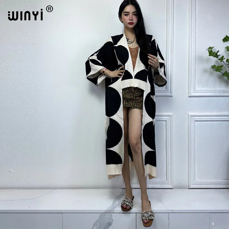 WINYI Abito Invernale da Donna, Stampa Retrò, Cappotto Lungo Caldo e Confortevole, Cardigan alla Moda, Abaya Invernale Mediorientale