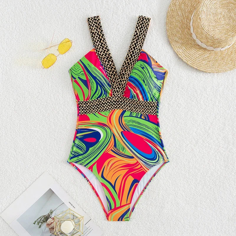 Vintage Print V Neck One Piece Swimsuit Women Sexy Backless High Waist Bodysuits Bikinis 2026 New Summer Vacation Bathing Suit